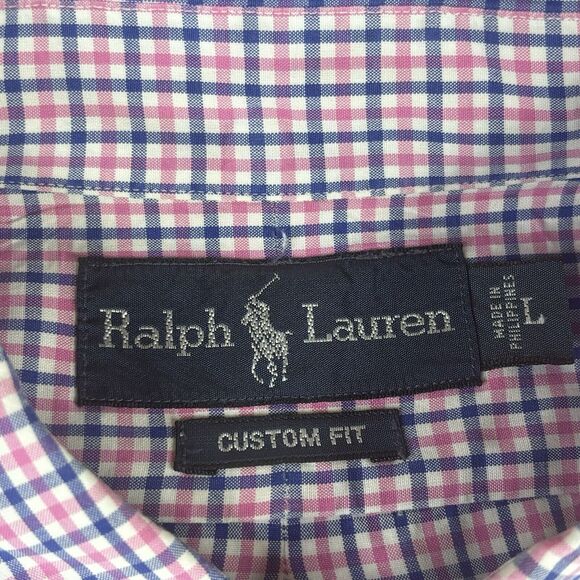 Ralph Lauren Shirt Men Large Button Down Pink Blue Plaid Custom Fit Chest Pocket - Picture 2 of 11